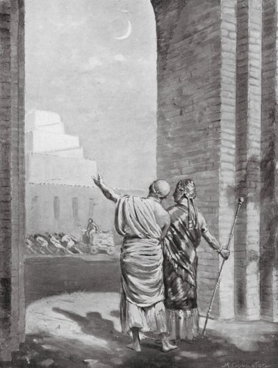 Ur-Engur kontroluje chrám boha Měsíce v průběhu stavby (litografie) od Margaret (after) Dovaston