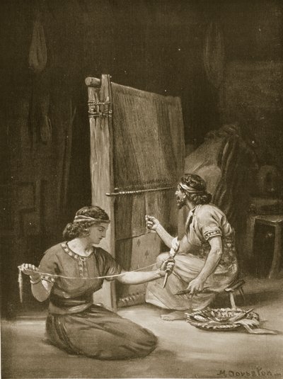 Babylonský tkalcovský stav, ilustrace z Hutchinsonovy "Historie národů" (litografie) od Margaret Dovaston