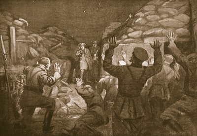 Německý důstojník a čtrnáct jeho mužů prosí poručíka Leache o milost (litografie) od Margaret Dovaston