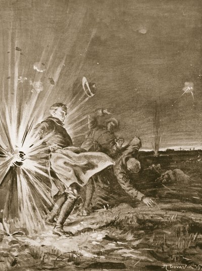 Střela vybuchne v blízkosti vojína Jacksona a utrhne mu ruku, když pomáhá přivést zraněného (litografie) od Margaret Dovaston