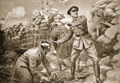 Kapitán Vickers drží nepřítele na uzdě, zatímco se za ním staví bariéra (litografie) od Margaret Dovaston