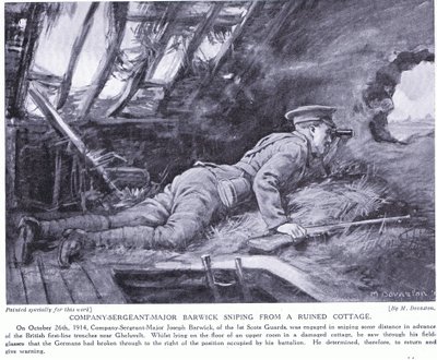 Rotmistr Barwick při odstřelování z rozbořené chaty v Ghehuveltu říjen 1914 (litografie) od Margaret Dovaston