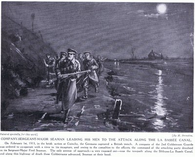 Rotmistr major Seaman vede své muže podél kanálu La Basse v únoru 1915 (litografie) od Margaret Dovaston