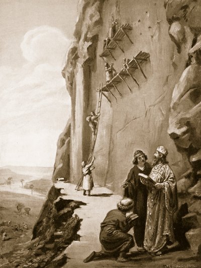 Darius dohlíží na svůj nápis v Behistunu, ilustrace z Hutchinsonových Dějin národů. od Margaret Dovaston