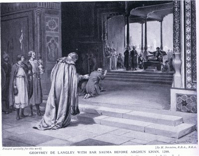 Geoffrey de Langley s Bar Saumou před Arghun Chánem 1288 n. l. (litografie) od Margaret Dovaston