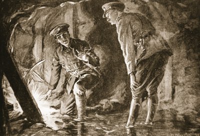 Podpraporčík Evason a důstojník naslouchají Němcům v protiminu (litografie) od Margaret Dovaston