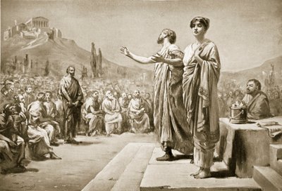 Periklés prosí o Aspasii, ilustrace z Hutchinsonových Dějin národů. od Margaret Dovaston