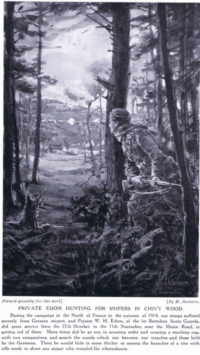 Vojín Edom loví odstřelovače v Chivy Wood, podzim 1914 (litografie) od Margaret Dovaston