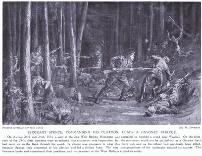 Seržant Spence získal DCM za vedení své čety při bajonetovém útoku v lese u Wasmes v srpnu 2014 (litografie) od Margaret Dovaston