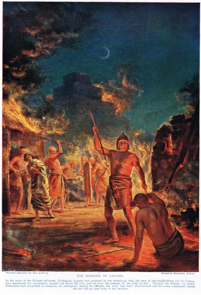 Vypálení Lagaše, ilustrace z Hutchinsonovy "Historie národů" (barevná litografie) od Margaret Dovaston