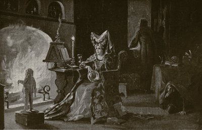 Vévodkyně z Gloucesteru praktikuje čarodějnictví, ilustrace z knihy "Hutchinson