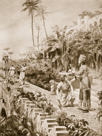 Babylonské visuté zahrady, ilustrace z Hutchinsonovy "Historie národů" (litografie) od Margaret Dovaston