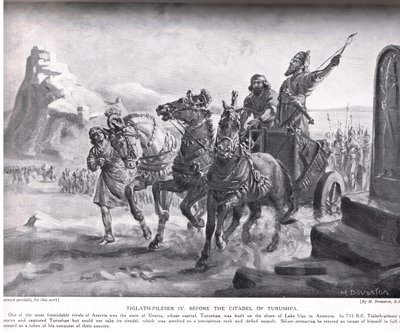 Tiglath-Pileser IV. před pevností Turušpa, ilustrace z "Hutchinson