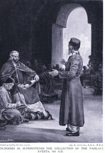 Vologeses III. dohlíží na sbírku pahlavské Avesty 160AD (litografie) od Margaret Dovaston