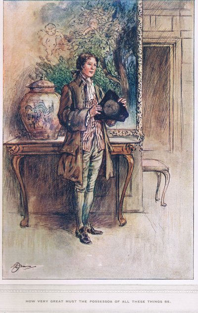„Jak velký musí být vlastník všech těchto věcí“, ilustrace z „Vikář z Wakefieldu“ od Olivera Goldsmitha, kolem roku 1910 od Margaret Jameson