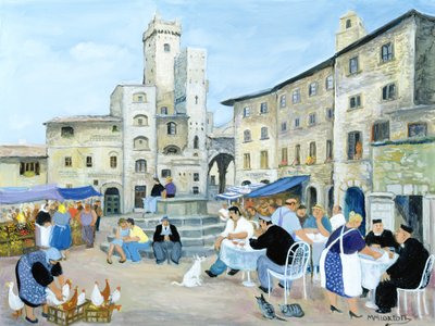 Oběd na náměstí, Toskánsko (olej na plátně) od Margaret Loxton