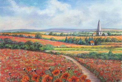 Cotswold makové pole, 2022 (pastel) od Margo Starkey
