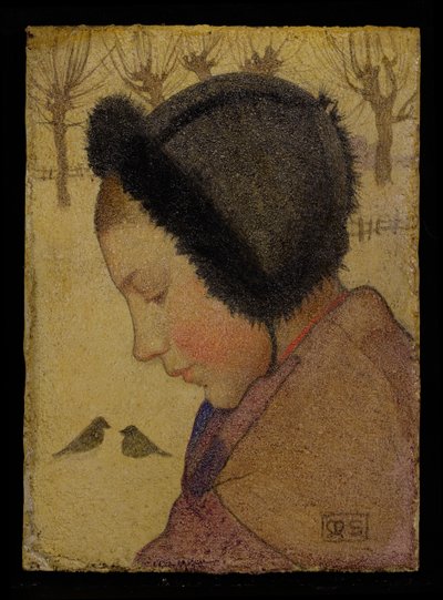 Hlava mladé dívky v kožešinové čepici (olej a gesso na palubě) od Marianne Stokes