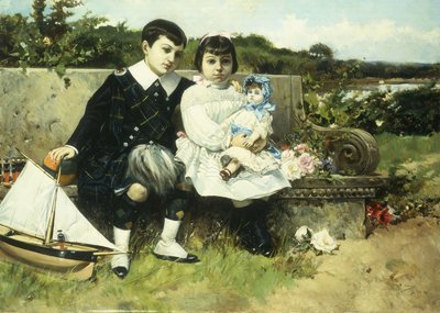 Dvě děti sedící na lavičce v parku, 1882 od Mariano Barbasan Lagueruela