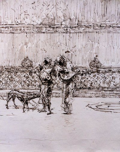Arabští hudebníci před maurským králem, asi 1870-71 (pero a tuš na vliesovém papíře) od Mariano Fortuny