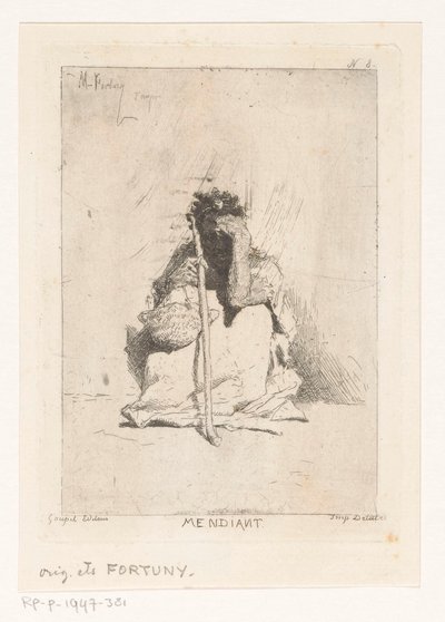 Sedící žebrák s holí Mendiant (název na objektu) od Mariano José María Bernardo Fortuny y Carbó