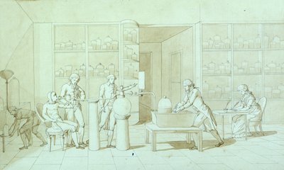 Antoine Lavoisier (1743-94) a jeho Experimenty s dýcháním (pero a inkoust a sépie na papíře) od Marie Anne Pierrette Lavoisier