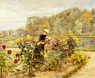Elegantní žena v růžové zahradě, od Marie Francois Firmin Girard