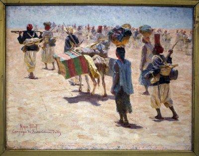 Senegalští střelci ze zadního voje, kampaň Fouta (Guinee; Fouta-Djalon), sloup Dodds, náčrt. Obraz Mariuse Perreta (1853-1900), olej na plátně, před 1895. Muzeum výtvarných umění v Pau. od Marius Perret