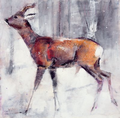 Buck in the snow, 2000 (kombinovaná média na papíře) od Mark Adlington