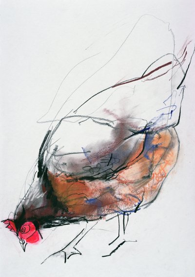 Feeding Hen, Trasierra, 1998 (grafit, conte a dřevěné uhlí na papíře) od Mark Adlington