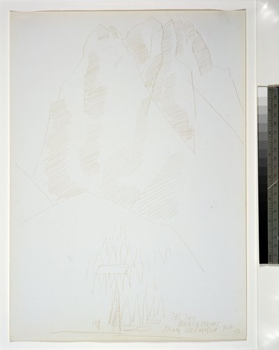 Horská krajina s budovami a stromy v popředí od Marsden Hartley