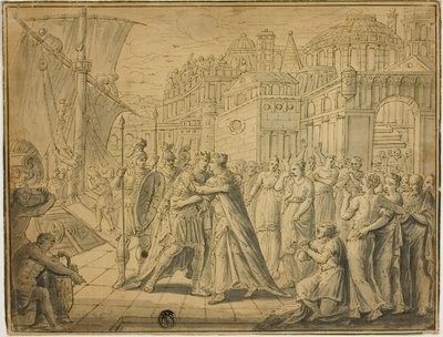 Dido a Aeneas se objímají před branami Kartága od Marten de Vos