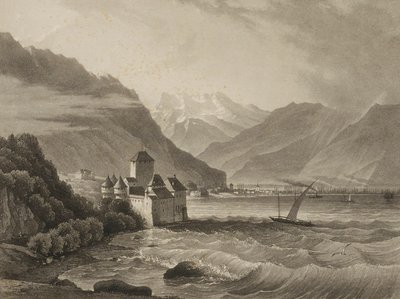 Chateau de Chillon; pohled z Vevey od Martens