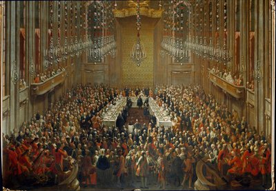 Banket u příležitosti svatby císaře Josefa II. a Isabely Parmské dne 6.10.1760. S Mozartem stojícím v orchestru od Martin (and studio) Mytens or Meytens