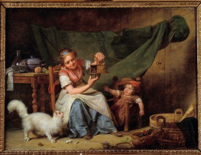 Žena a myš Dívka drží lapač myší před kočkou a dítětem. Obraz Martina Drollinga (1752-1817) 1798 Ne. 0,25x0,35 m Orléans. Muzeum výtvarných umění od Martin Drölling
