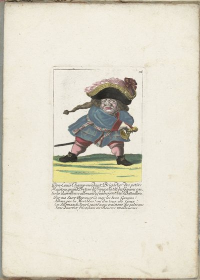 De Franse dwerg Don Luis Champ-merdant, ca. 1710 Don Luis Champ-merdant, brigádní generál malých mistrů, velký breteur Francie, v čele Gaskoňů proti německým hádkám, srážející jejich prapory (titul na předmětu) Il Callotto ožil od Martin Engelbrecht (attributed to)