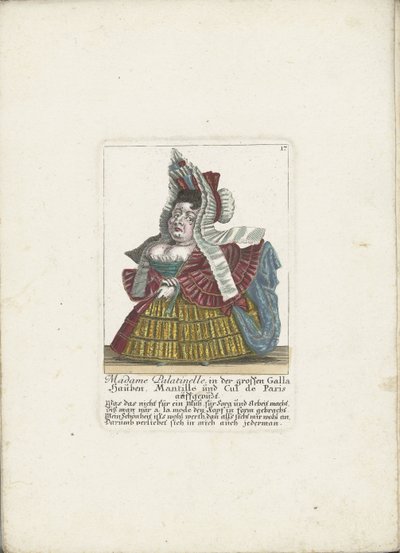 De Franse dwerg Madame Palatinelle, asi 1710 Madame Palatinelle, čepice, mantilla a cul de Paris oblečená ve velké Galle (název na předmětu) Il Callotto resurcitato aneb nově zařízený malý kabinet (název série) od Martin Engelbrecht (attributed to)