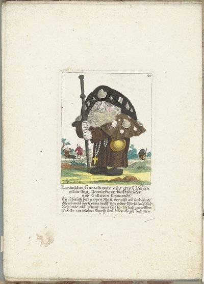 De dwerg Bartholdus Gursalkawiz jako pelgrim uit Compostella, cca 1710 Bartholdus Gursalkawiz, narozený v Groß Pohlen, nehodný lesní bratr z Galície (titul na předmětu) Il Callotto resurcitato aneb Nově zařízený malý kabinet (série od Martin Engelbrecht (attributed to)