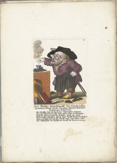 De werg Blasius Rauchmantl jako alchymista, ca. 1710 Herr Blasius Rauchmantl, der frucht-loßen Alchimie kunst Arch-Sectarian, držitel páté esence bláznů (titul na předmětu) Kabinet Il Callotto resurcitato oder Neu eingrichtes Zwerchen (série ti od Martin Engelbrecht (attributed to)