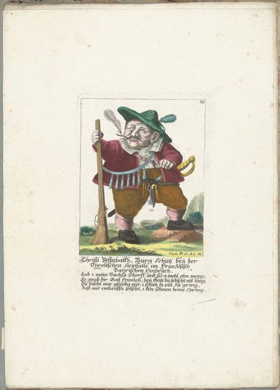 De dwerg Christl Vestnbalkh, asi 1710 Christl Vestnbalkh, Bürg Schütz poblíž tyrolské kamenné pasti ve francouzské Bayrianské vloupání (titul na objektu) Il Callotto resurcitato aneb nově zařízený malý kabinet (název série) od Martin Engelbrecht (attributed to)