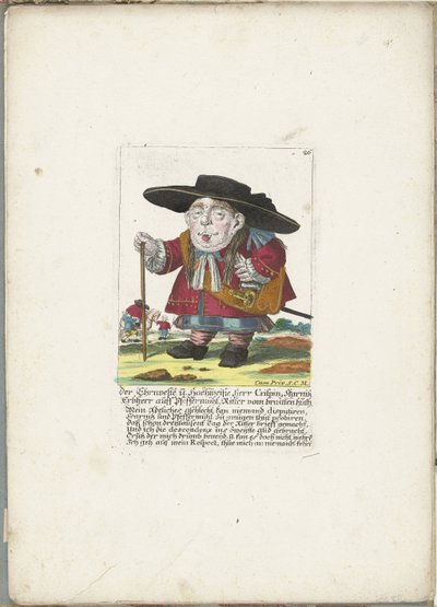 De dwerg Crispin Skarnitz, asi 1710 Ehrnveste a Hochweiße Herr Crispin, dědičný pán Skarnitz auff Pfeffermühl, rytíř braitten huth (titul na předmětu) Il Callotto resurcitato aneb nově zařízený malý kabinet (název série) od Martin Engelbrecht (attributed to)