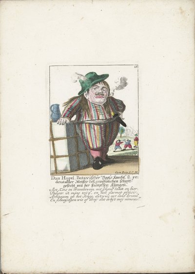 Dwerg Dan Hagel jako holandský lodník, kolem roku 1710 Dan Hagel, batávský lodník a dvojnásobný mistr obyčejného sekání tupou čepelí (titul na předmětu) Il Callotto resurcitato aneb Nově zařízená trpasličí kabina od Martin Engelbrecht (attributed to)