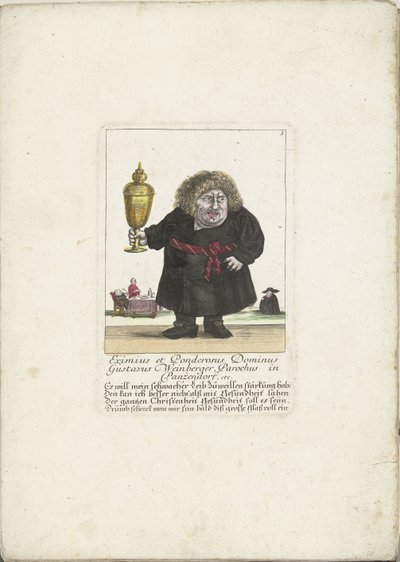 Trpaslík Gustavus Weinberger jako klerik s pohárem, kolem roku 1710 Eximius et Ponderosus Dominus Farnost Gustavus Weinberger v Panzendorfu aj. (název na objektu) Il Callotto resurcitato oder Neu eingerichts Zwerchen Cabinet (název série) od Martin Engelbrecht (attributed to)