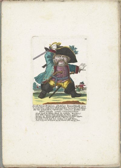 De dwerg Hanss Görge Prijhann jako woeste důstojník, asi 1710 Hanß Görge Prijhann, rozený Donnerhundt, ze Scanderbegu od hottendotského bastarda Rottmeistera, odvážného a železného pojídače, Catharina, köpffer a Bluth gurgln contra Champmerdant (titl od Martin Engelbrecht (attributed to)
