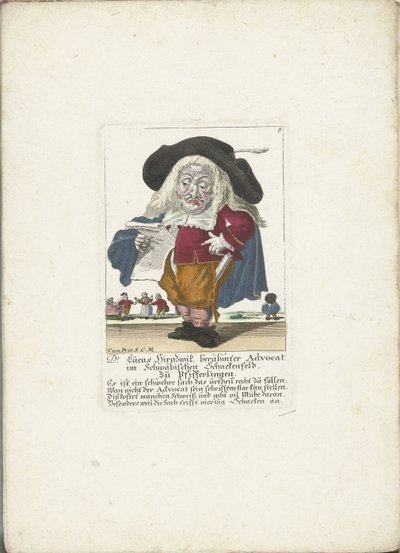 De dwerg Lucas Hirnzwik jako een advocaat, asi 1710 Dr Lucas Hirnzwik, slavný advokát ve švábském Schnekenfeldu, o liškách (název na objektu) Il Callotto resurcitato aneb nově zařízený malý kabinet (název série) od Martin Engelbrecht (attributed to)