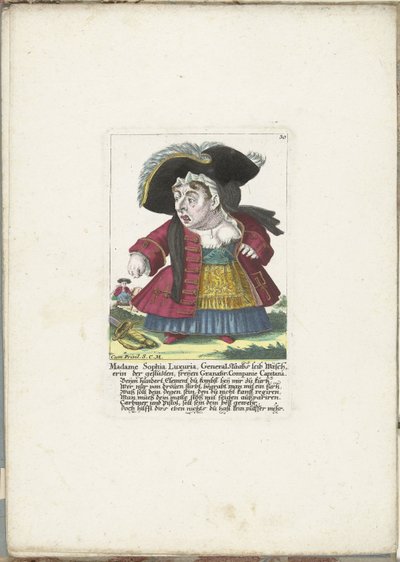 De dwerg Madame Sophia Luxuria, asi 1710 Madame Sophia Luxuria, pračka těl generála Staaba z upravené, volné Granatir-Companie Capitana (titul na předmětu) Il Callotto resurcitato aneb nově zařízený malý kabinet (název série) od Martin Engelbrecht (attributed to)