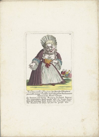 De dwerg Mademoiselle Poupon, as Parijse Schone, asi 1710 Mademoiselle Poupone, pařížská kráska, nějaká dcera známého advokáta parlamentu Monsr. Chican (titul na předmětu) Il Callotto resurcitato nebo nově zařízená kabina Zwerchen od Martin Engelbrecht (attributed to)