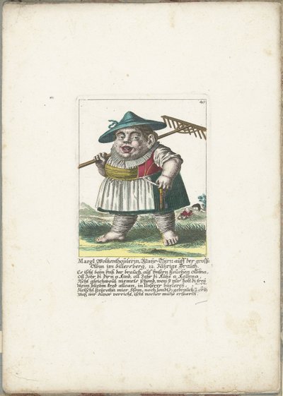 Trpaslík Margl Woltzenthoulerin, cca. 1710 Margl Woltzenthoulerin, Mayr-Thirn auff der grossn Olbm im Zillersberg, 12. Jährige Brauth (titul na předmětu) Il Callotto resurcitato nebo nově jmenovaný Zwerchen Cabinet (název série) od Martin Engelbrecht (attributed to)