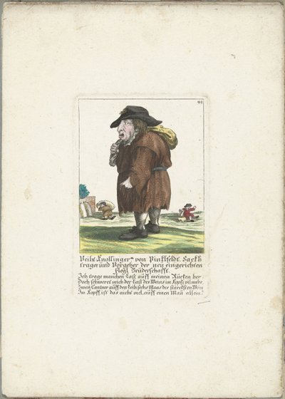 Dwerg Veith Knollinger od Pinklfeldta, asi 1710 Veith Knollinger von Pinklfeldt, Baghtrager a předchůdce nově založeného bratrstva fleglů (název na předmětu) Il Callotto resurcitato aneb nově zařízený malý kabinet (název série) od Martin Engelbrecht (attributed to)
