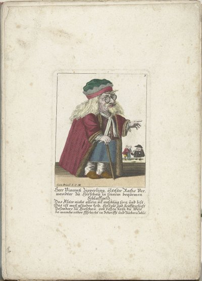 Dwerg Vincentz Zipperling v een bontjas, asi 1710 Herr Vincentz Zipperling, Rathův nejstarší příbuzný v Hirschau, ve svém pohodlném volném kabátě (titul na předmětu) Il Callotto resurcitato aneb nově zařízený malý kabinet (název série) od Martin Engelbrecht (attributed to)